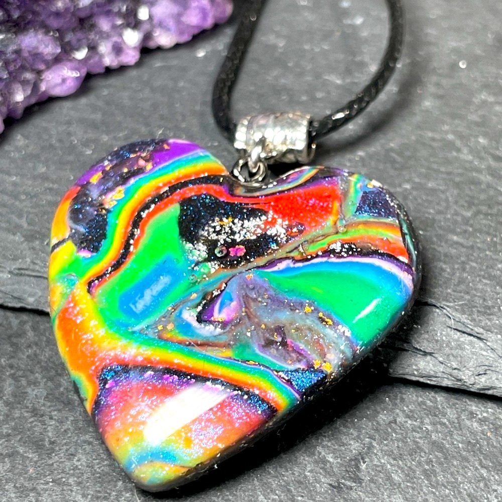 Lisa Frank Inspired Rainbow Galaxy Heart Pendant Necklace Hand Crafted - Picture 3 of 14